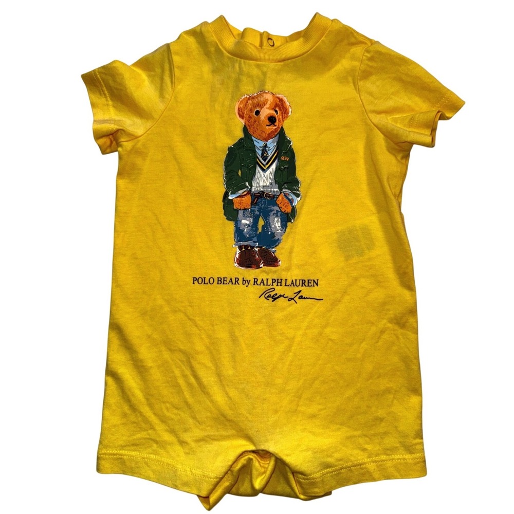 Ralph Lauren Polo Bear Yellow Short Sleeve Romper Infant 3M Snap Back Cotton